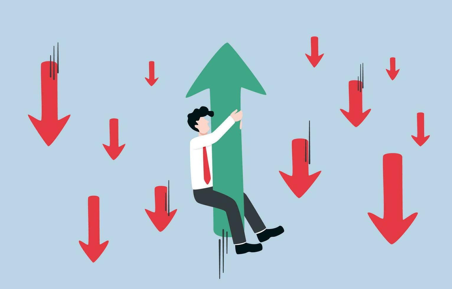 Seeking opportunity to grow even in economic crisis, business flair to survive, investment vision and risk management concept, Businessman clinging to up arrow among down arrows around. vector