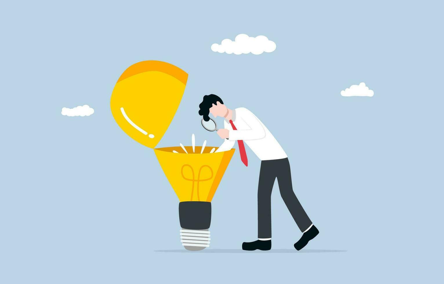 Business insight, deep understanding to make decision better, in-depth analysis for competitive advantage concept, Businessman looking into light bulb inside. vector