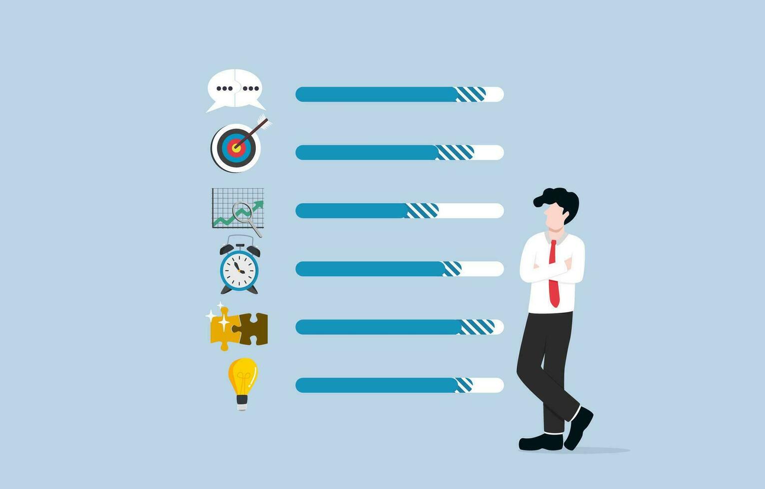 Improving individual skill set, skill training to be more effective employee, professional development concept, Businessman standing next to progress bar of skills which loading more. vector