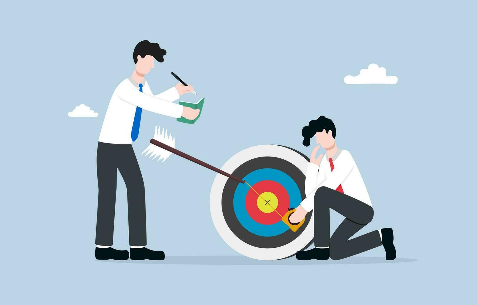 Accurate measurement to assess business performance, error checking to improve to goal concept, Businessman and colleague helping each other to measure distance between arrow and bullseye. vector