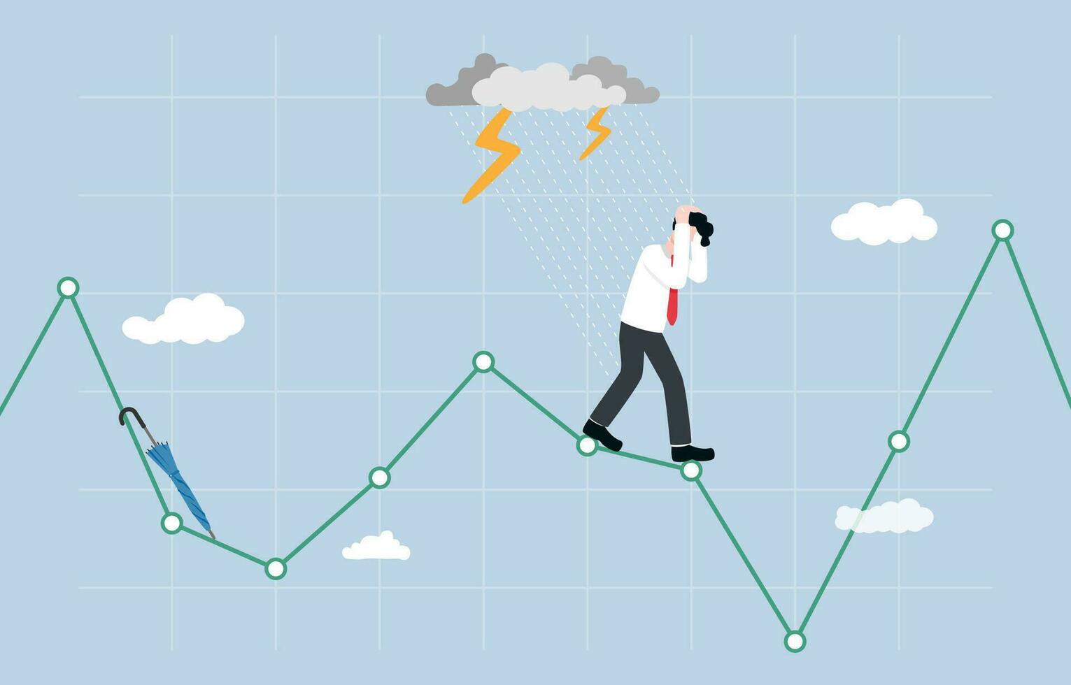 Wrong speculation in stock market, financial loss from incorrect forecasting, investment volatility concept, Businessman getting wet in rain while standing on stock graph without umbrella. vector