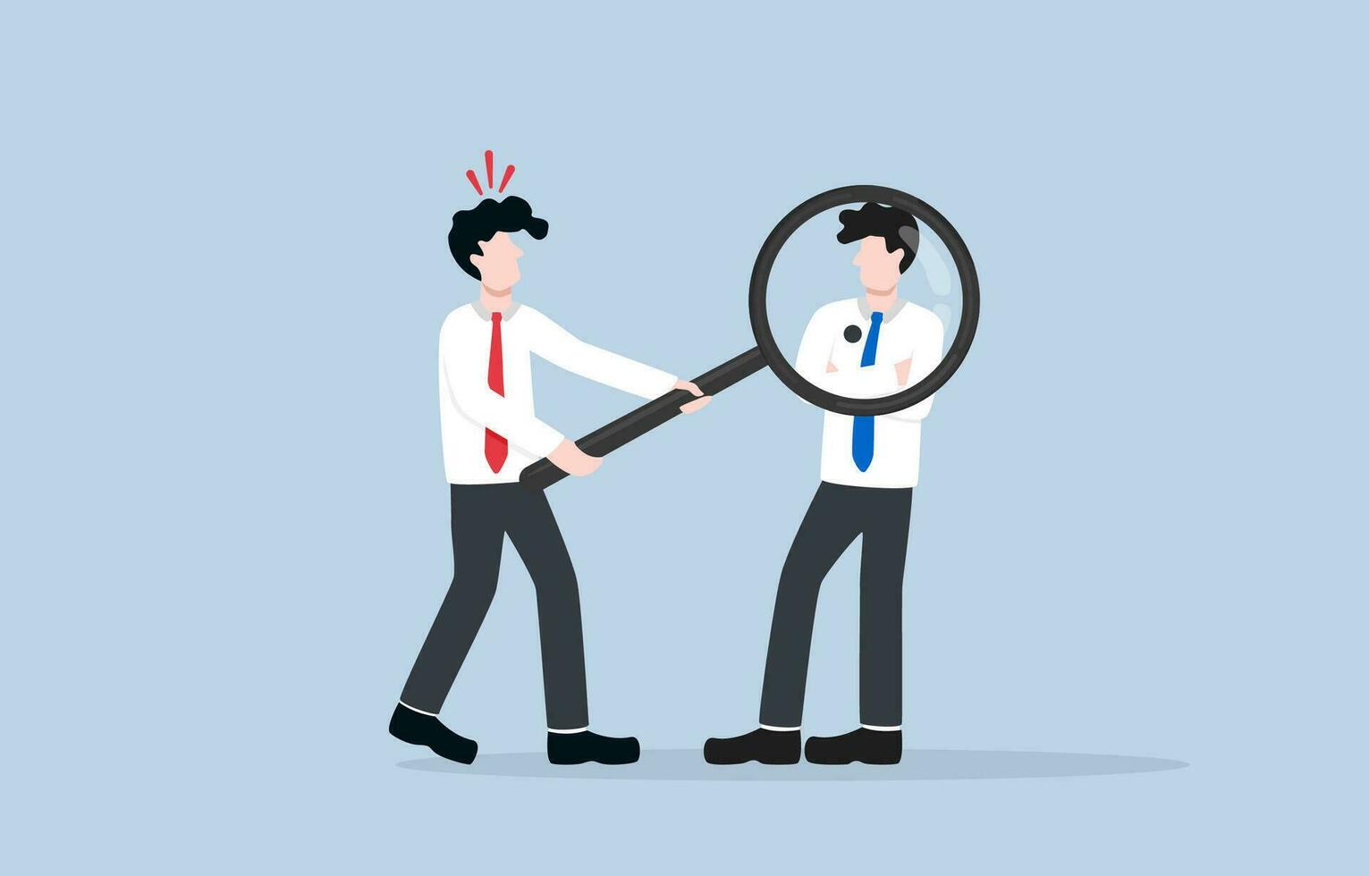 Analyzing competitor in marketing, understanding strength and weakness of competitor to develop effective strategy concept, Businessman seeing black spot on competitor body through magnifier. vector