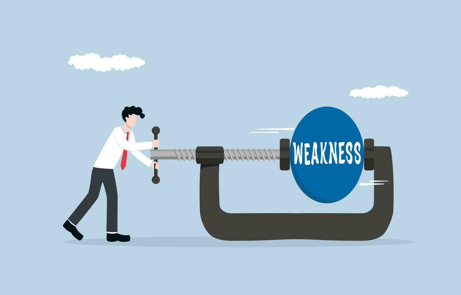 Reducing self-weakness, endeavor for personal growth and development concept, Businessman using clamping to squeeze and reduce size of weakness ball. vector