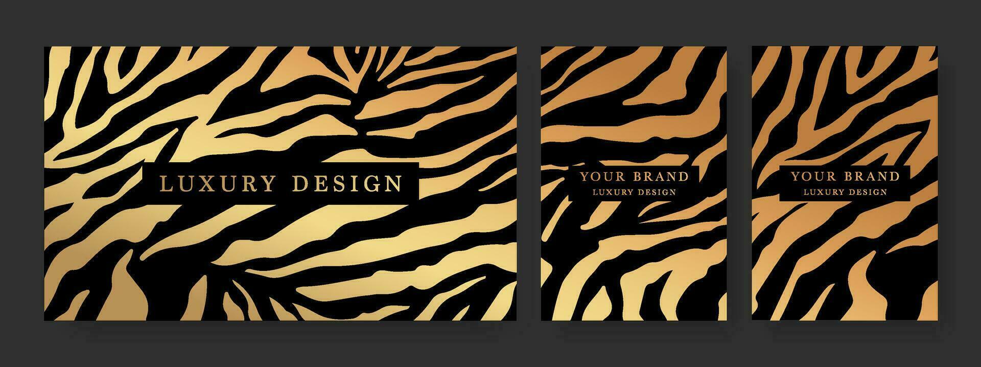 Luxury design in gold and black colors, frame design set with with tiger, zebra pattern. Luxury premium background pattern for menu, elite sale, invite template, luxury voucher vector