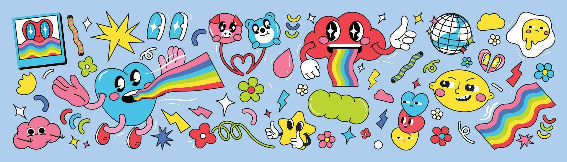 Set of 70s groovy element vector. Collection of cartoon characters, doodle smile face, flower, disco, cloud, heart, sparkle, rainbow, star. Cute retro groovy hippie design for decorative, sticker. vector