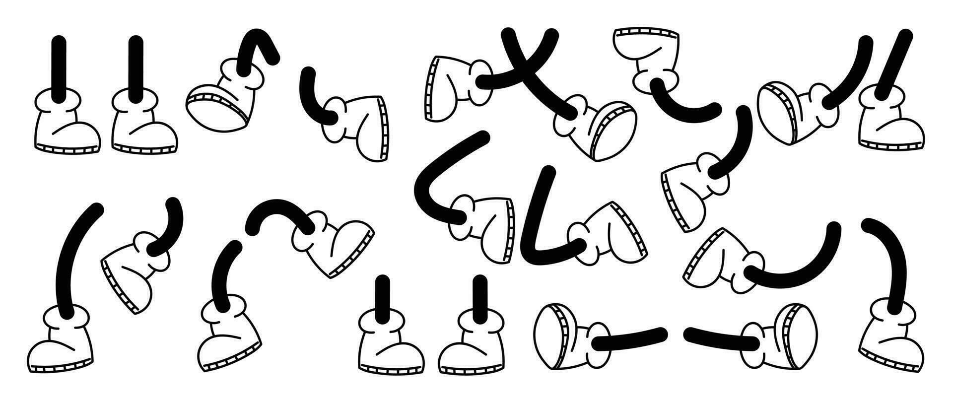 Set of 70s groovy comic leg vector. Collection of cartoon character legs and feet, in different poses, dancing, jumping, walking, shoes. Cute retro groovy hippie illustration for decorative, sticker. vector