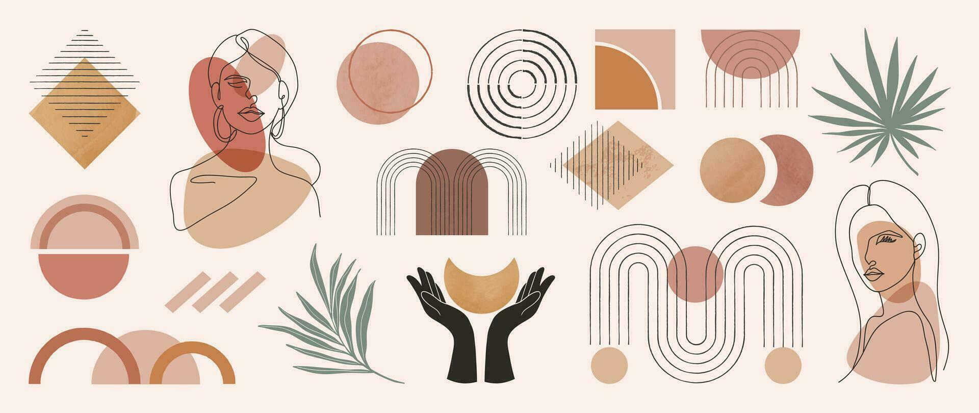 Hand drawn abstract minimal element mid century vector set. Aesthetic contemporary stripe line art, watercolor geometric shapes, women in earth tone. Design for wall art, decoration, wallpaper.