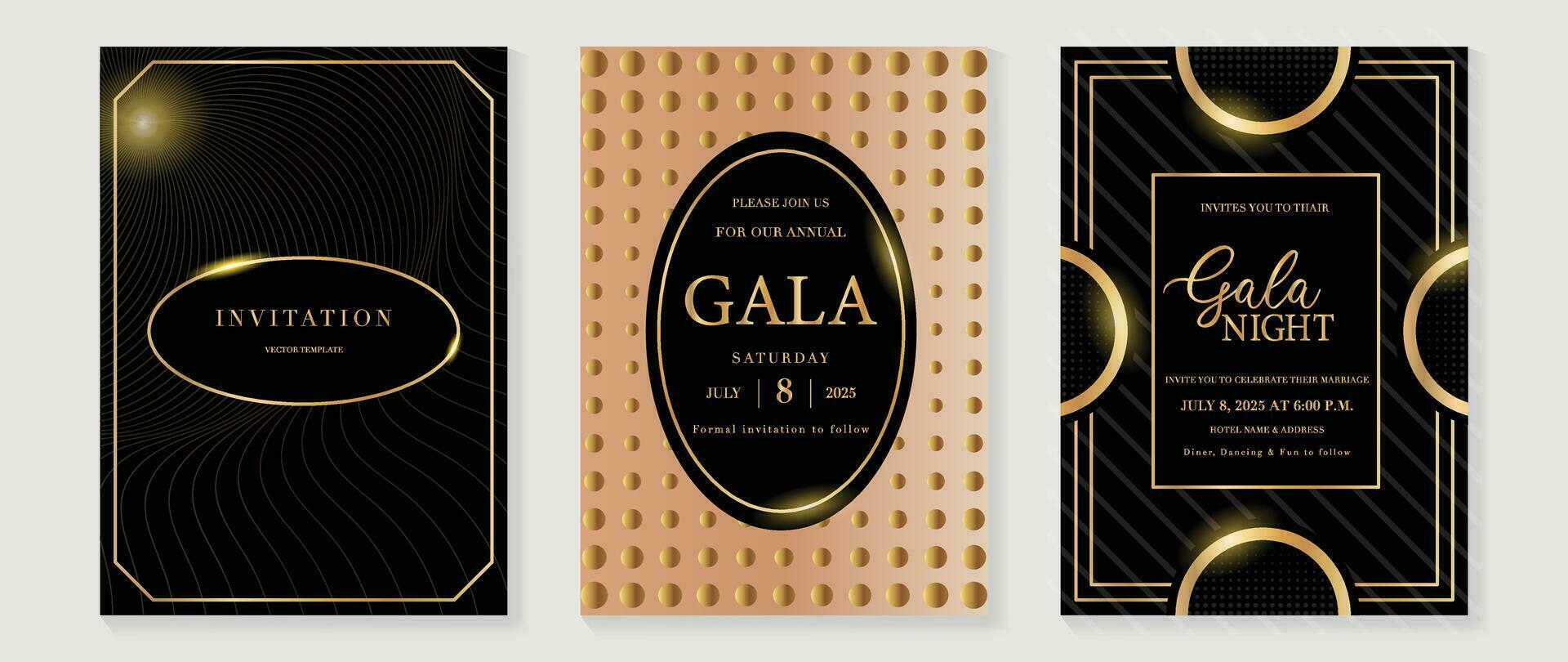 Luxury gala invitation card background vector. Golden elegant geometric shape, wavy line on dark and orange background. Premium design illustration for wedding and vip cover template, grand opening. vector