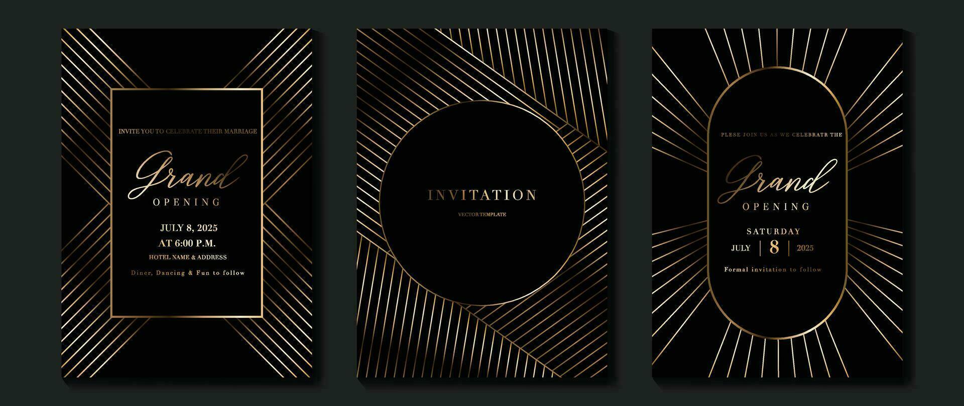 lujo gala invitación tarjeta antecedentes vector. dorado elegante geométrico forma, degradado oro líneas en oscuro antecedentes. prima diseño ilustración para Boda y VIP cubrir plantilla, grandioso apertura. vector