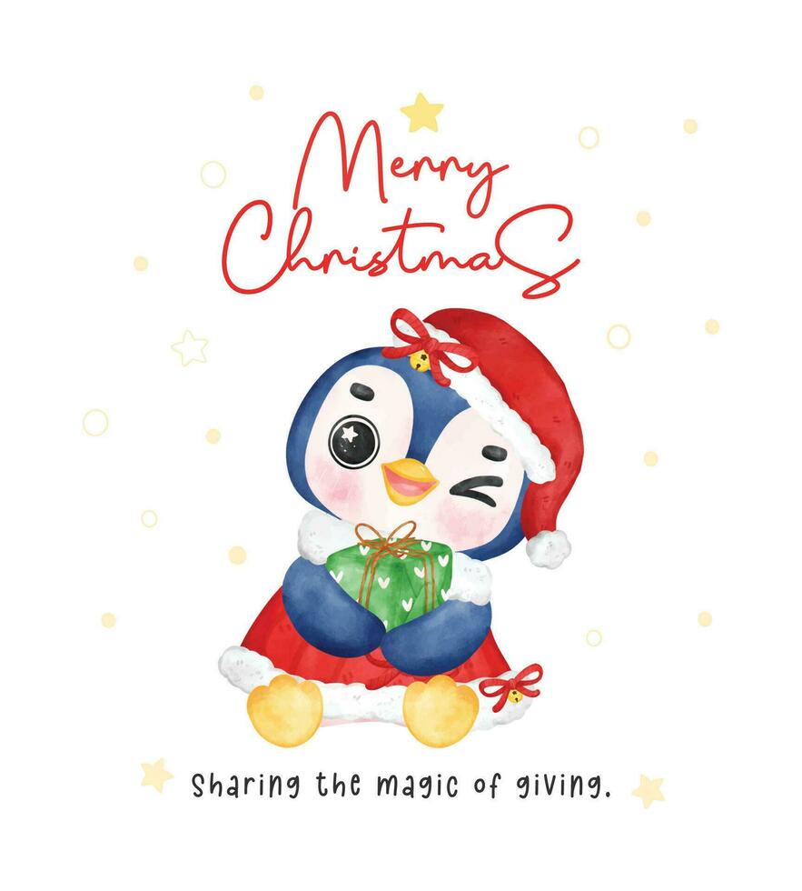 alegre Navidad pingüino en Papa Noel vestir y sombrero. dibujos animados acuarela Navidad Arte vector