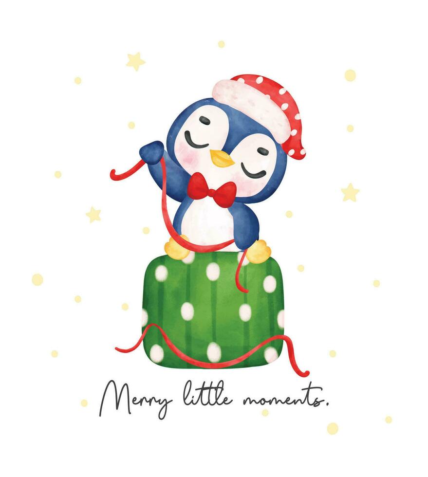 encantador bebé pingüino envase Navidad regalo caja en festivo acuarela, encantador acuarela dibujos animados ilustración. Perfecto para tarjetas, invitaciones, y decoraciones vector