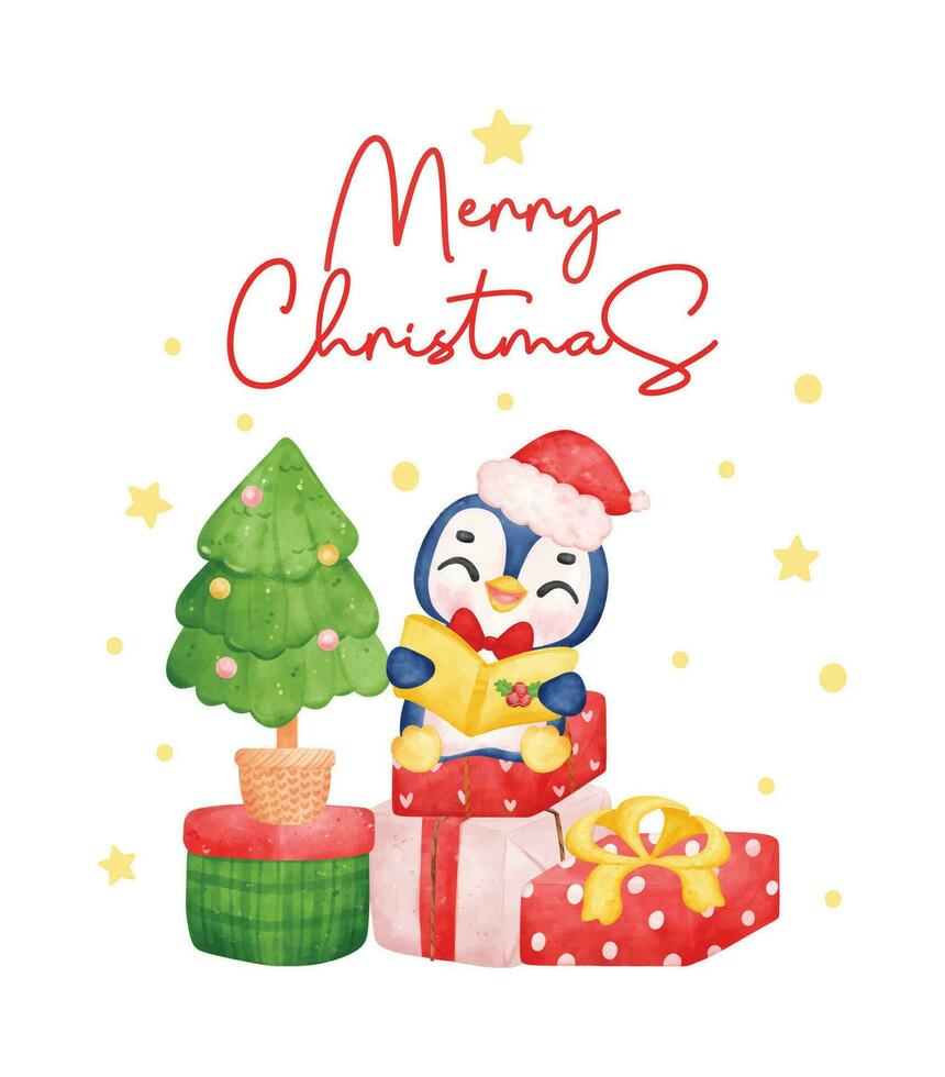 encantador Navidad pingüino canto festivo canciones en vistoso regalo cajas, encantador acuarela dibujos animados para niños. Perfecto para tarjetas, invitaciones, y decoraciones vector