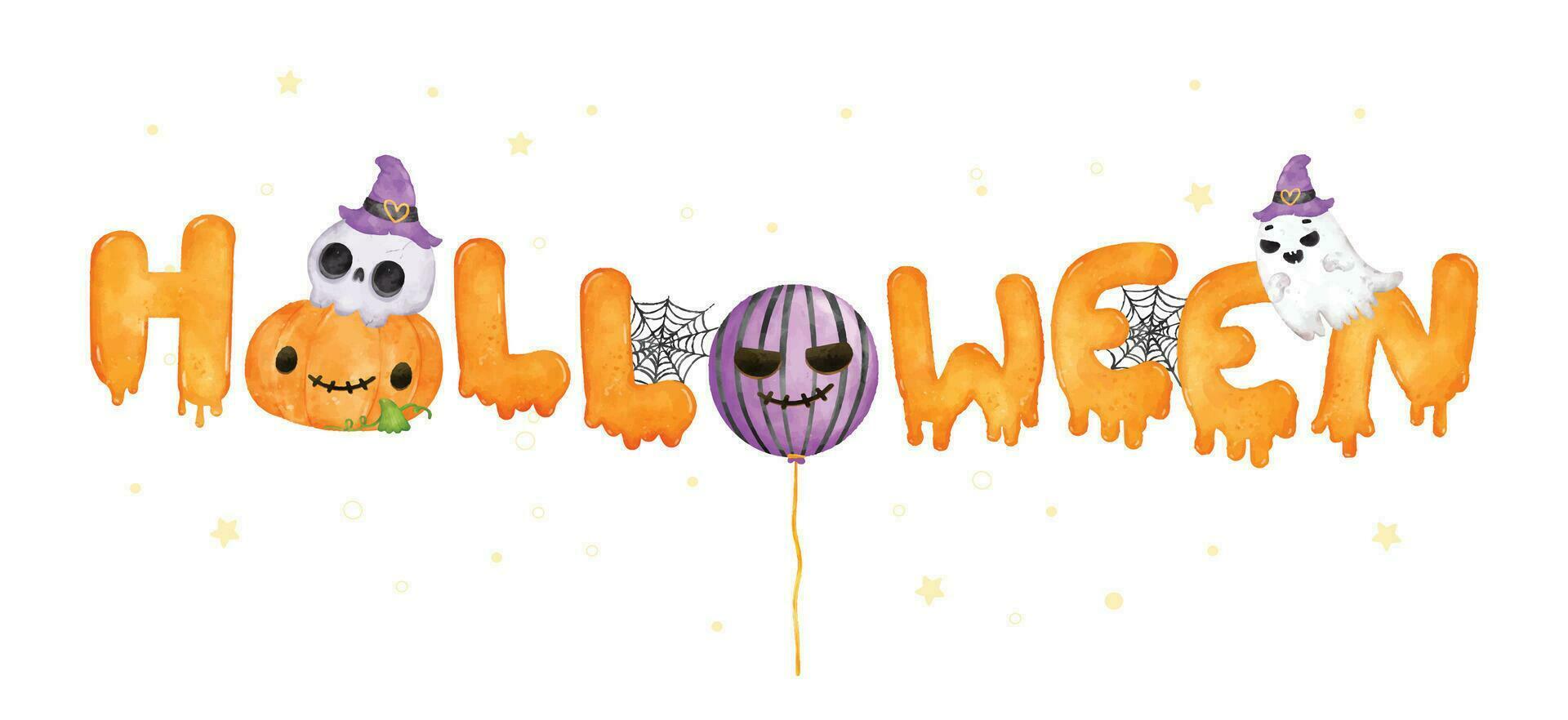 Celebrate the spooky holiday with this cute and colorful Halloween lettering banner. The handdrawn watercolor illustration features a playful combination of ghost, pumpkin, and skull vector