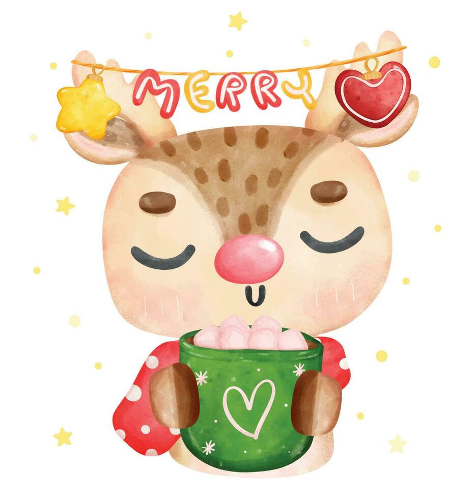 Cute Christmas reindeer animal with ornaments hanging friom antlers holding chocolate cup, cartoon animal character watercolour hand drawing vector illustration