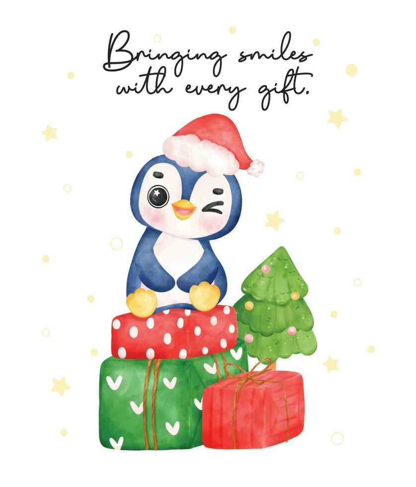 Adorable baby penguin sits on a stack of wrapped present boxes, bringing joy and festive cheer. Perfect for Christmas cards and decorations vector