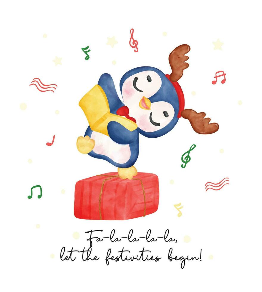 adorable Navidad caroler pingüino canto festivo canciones en regalo caja. encantador acuarela dibujos animados para niños. Perfecto para tarjetas, invitaciones, y decoraciones vector