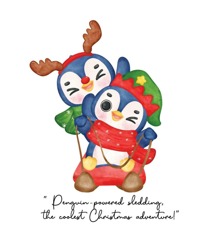 Joyful Penguin Elf and Reindeer Friend, Cute Christmas Watercolor Cartoon vector