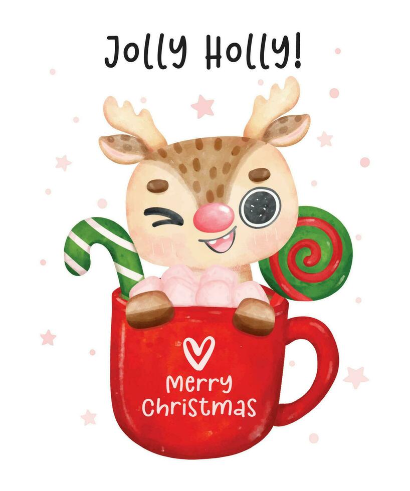 Cute joyful Christmas reindeer animal in Hot Chocolate cup, Happy Holiday, cartoon animal character watercolour hand drawing vector illustration