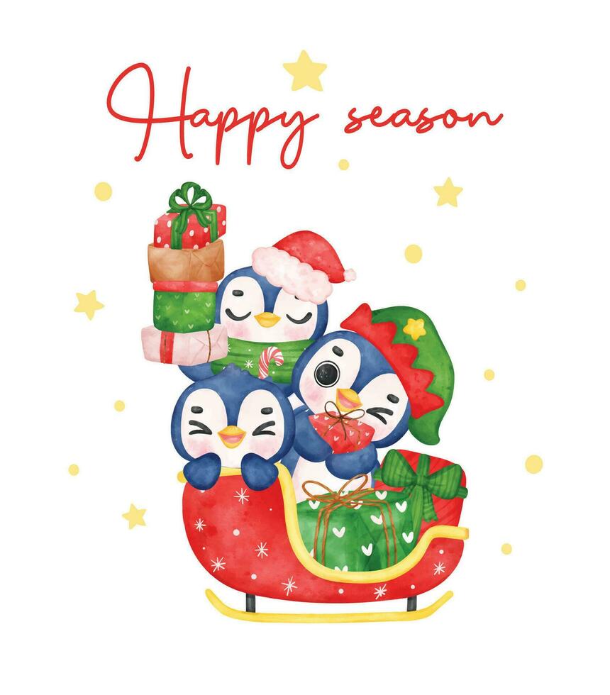 grupo de adorable dibujos animados pingüinos montando en de santa regalo trineo, acuarela ilustración vector