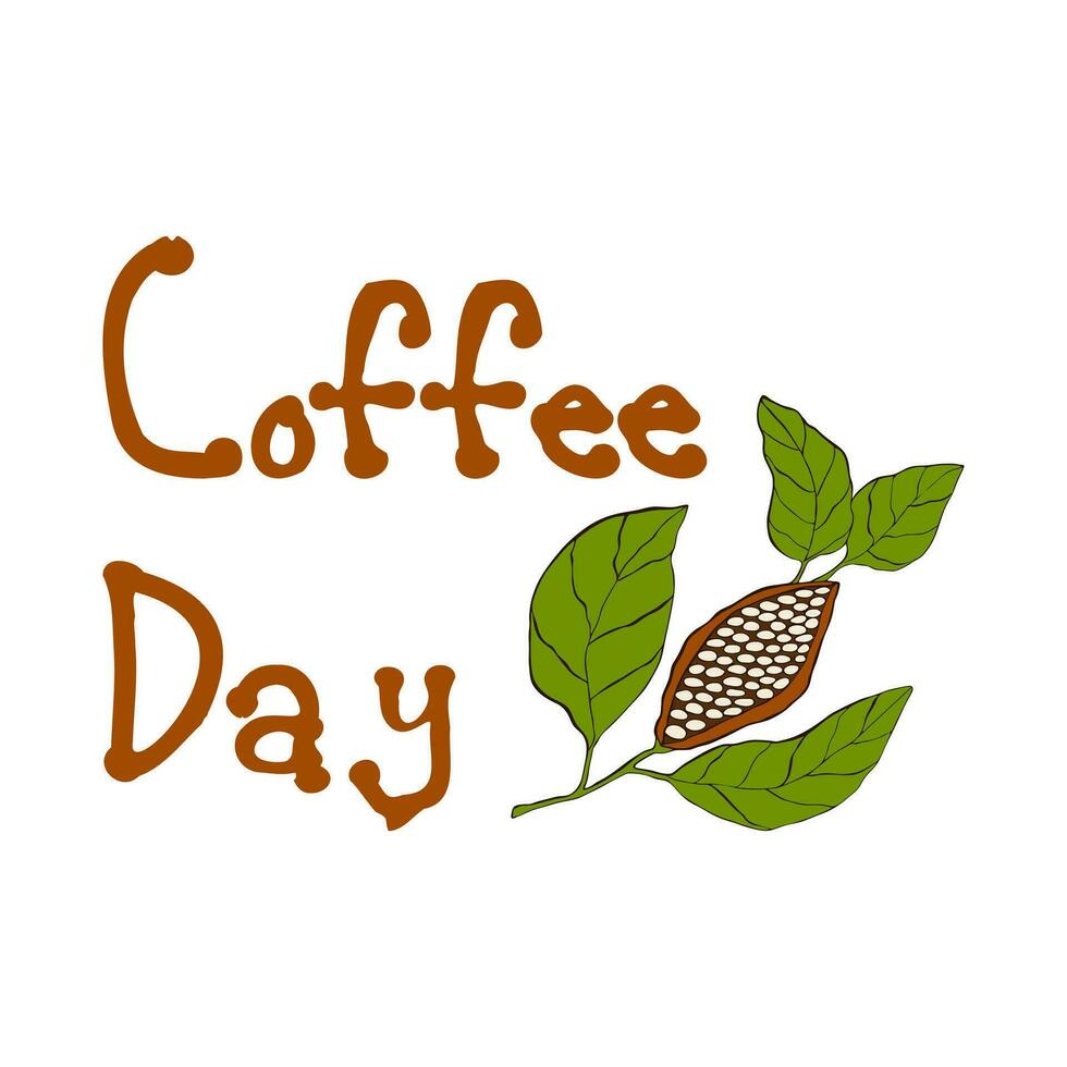 National Coffee Day lettering with hand drawn cocoa branch. Isolated, white background. vector