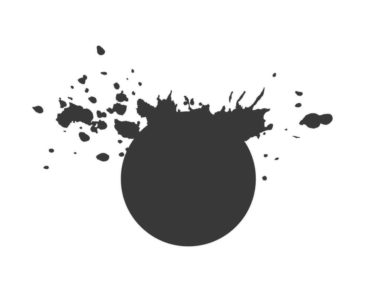 Round spot with splashes, an explosion of paint, drops, splashes coming from circle. Design element. Watercolor, isolated, white background. vector