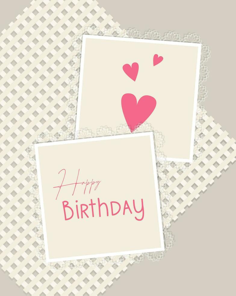 Happy Birthday card vintage collage with heart and lace. vector
