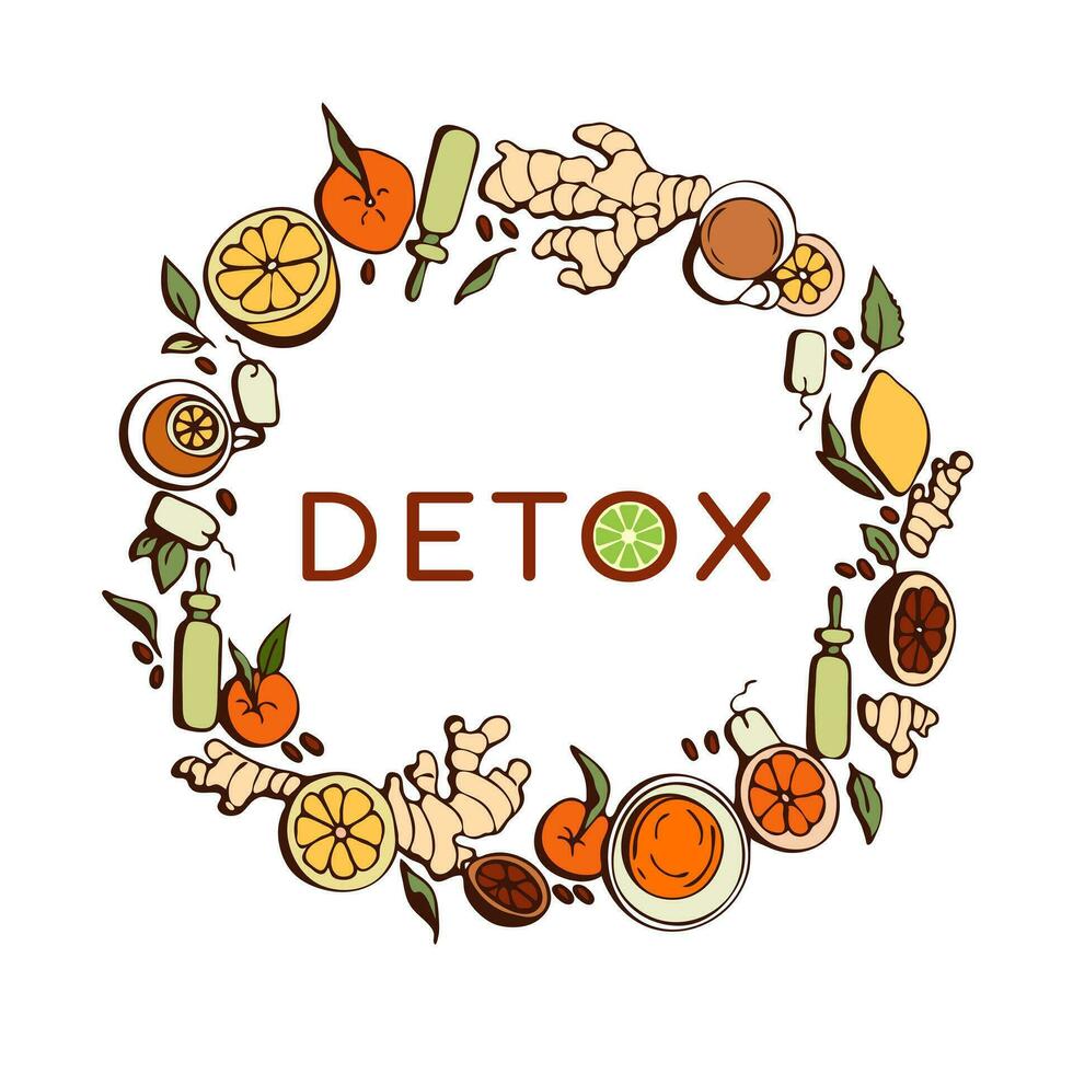 Detox time round. Concept with fruits grapefruit, ginger, lemon, citrus, cleansing tea.Circle composition with doodle drawings for vegan menu, healthy food bar. vector