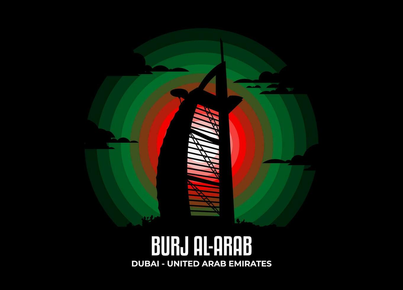 Burj Al-Arab vector. Moonlight illustration of famous historical statue and architecture in United Kingdom. Color tone based on flag. Vector eps 10