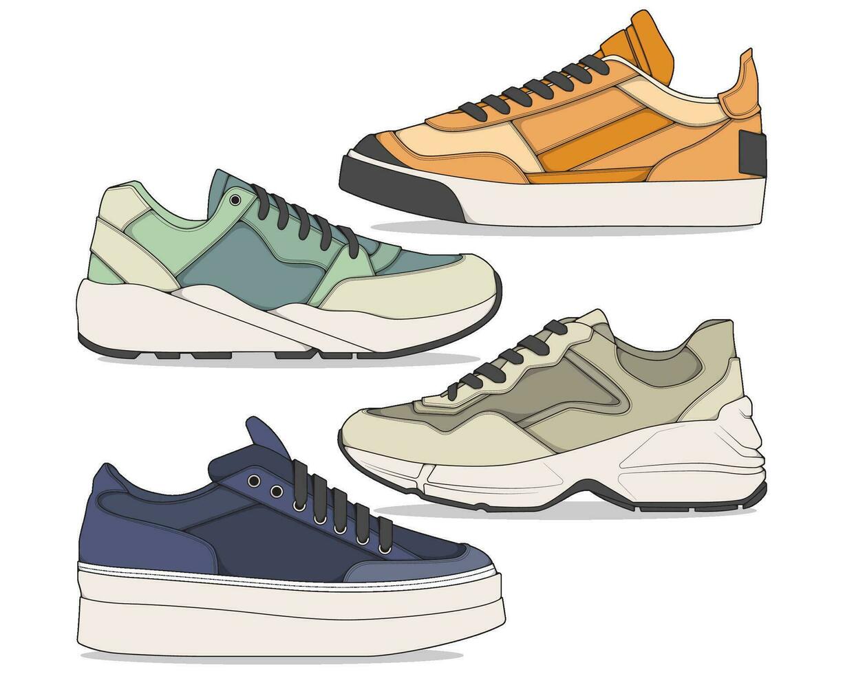 Set of shoes sneaker drawing vector, Sneakers drawn in a sketch style, bundling sneakers trainers template, vector Illustration.