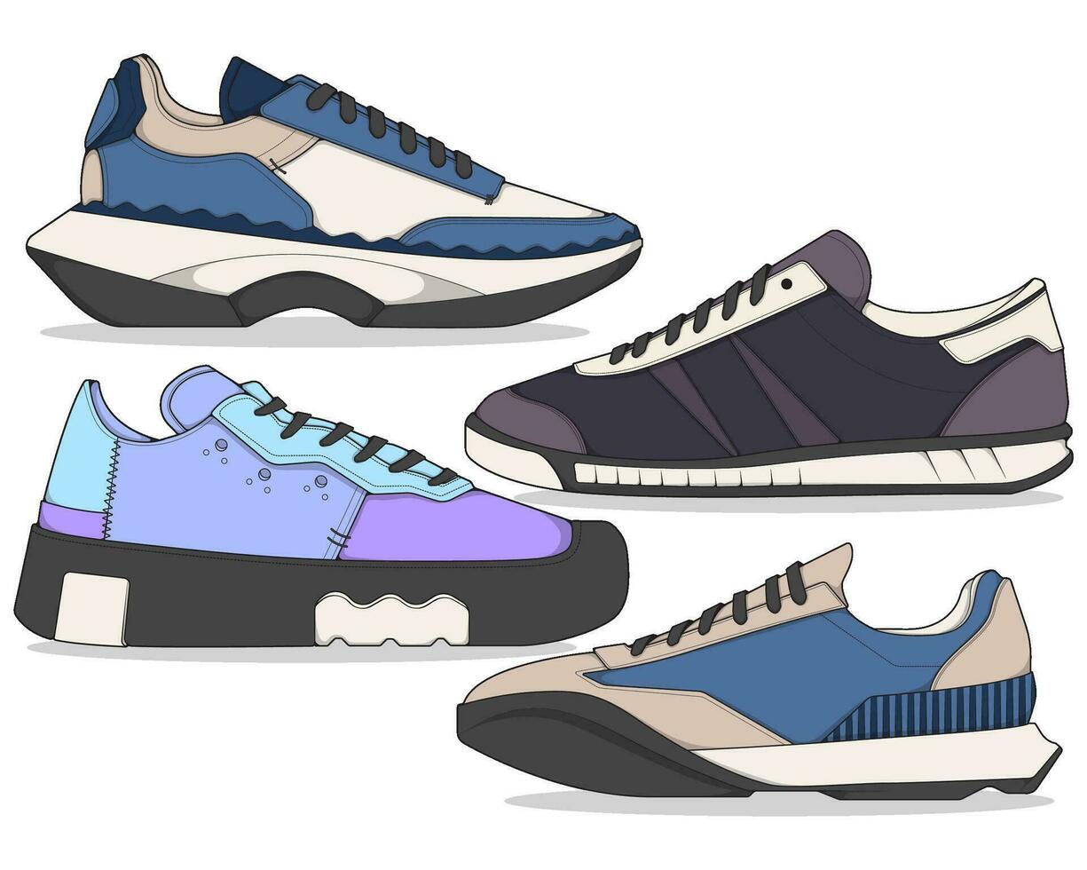 conjunto de zapatillas ilustración en vistoso dibujos, zapatillas vector línea Arte aislado, empaquetar zapato ilustración modelo.