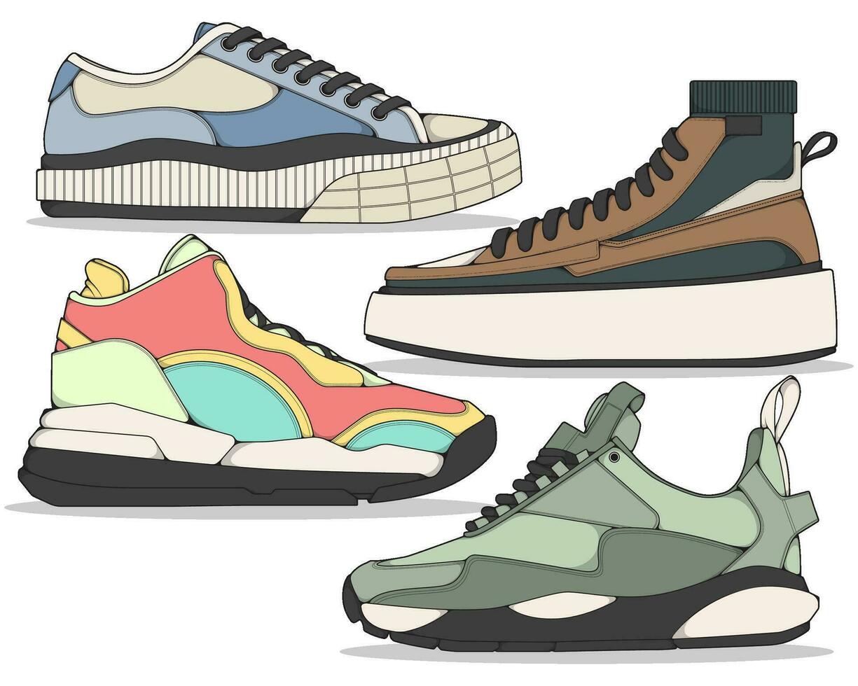 conjunto de zapatillas ilustración en vistoso dibujos, zapatillas vector línea Arte aislado, empaquetar zapato ilustración modelo.