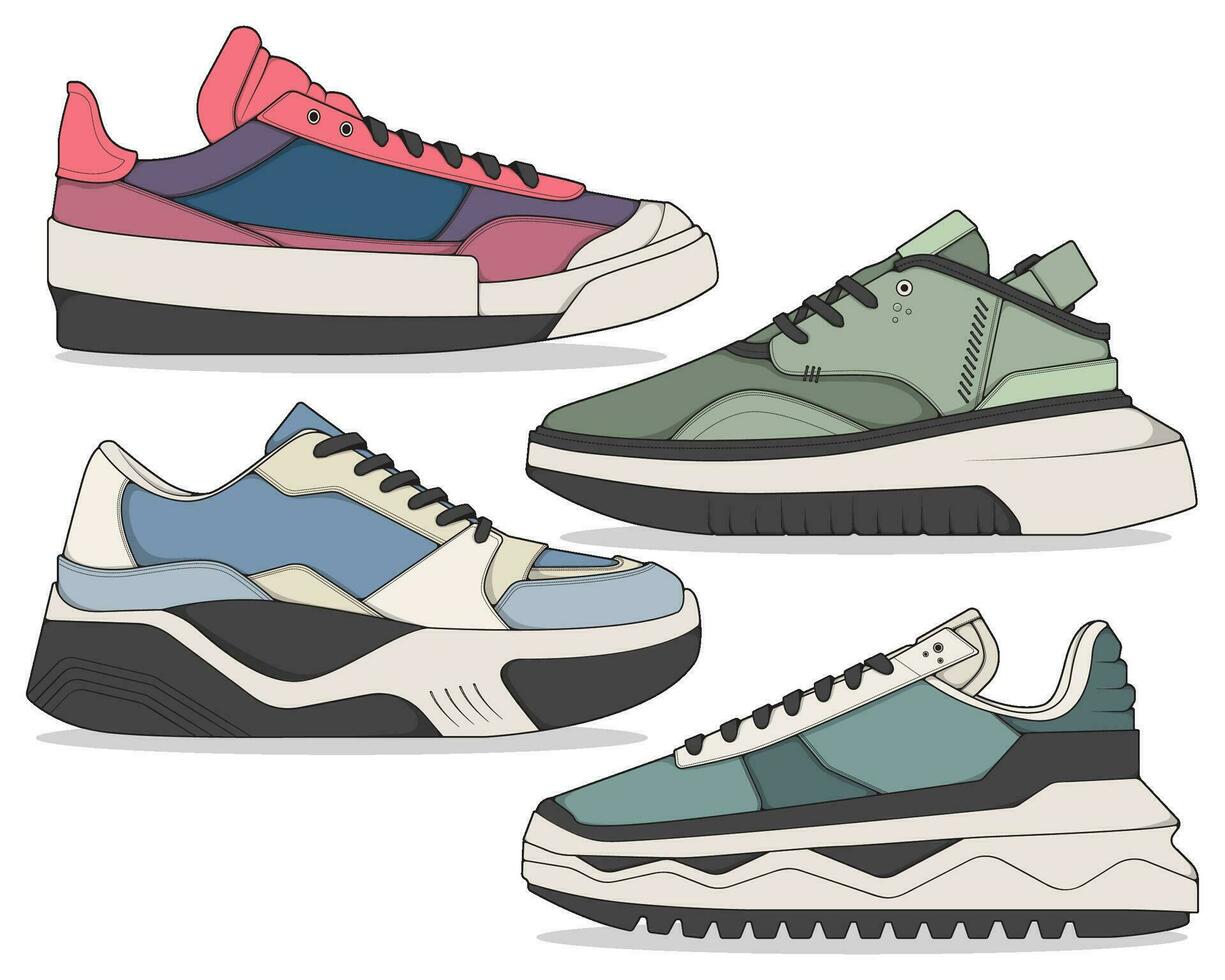 Set of sneakers illustration in colorful drawings, sneakers vector line art isolated, bundling shoe illustration template.