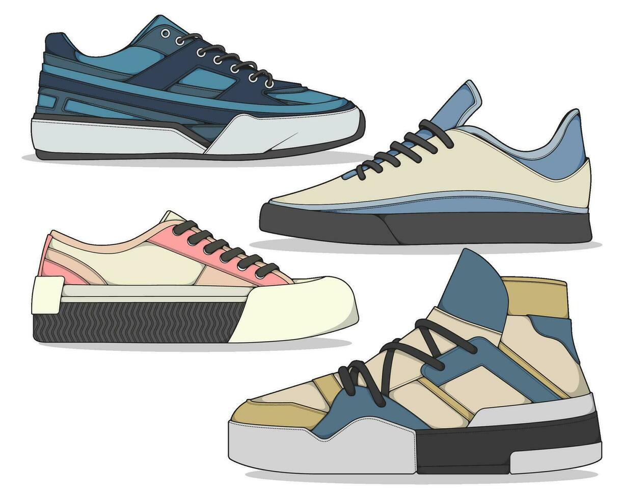 Set of sneakers illustration in colorful drawings, sneakers vector line art isolated, bundling shoe illustration template.