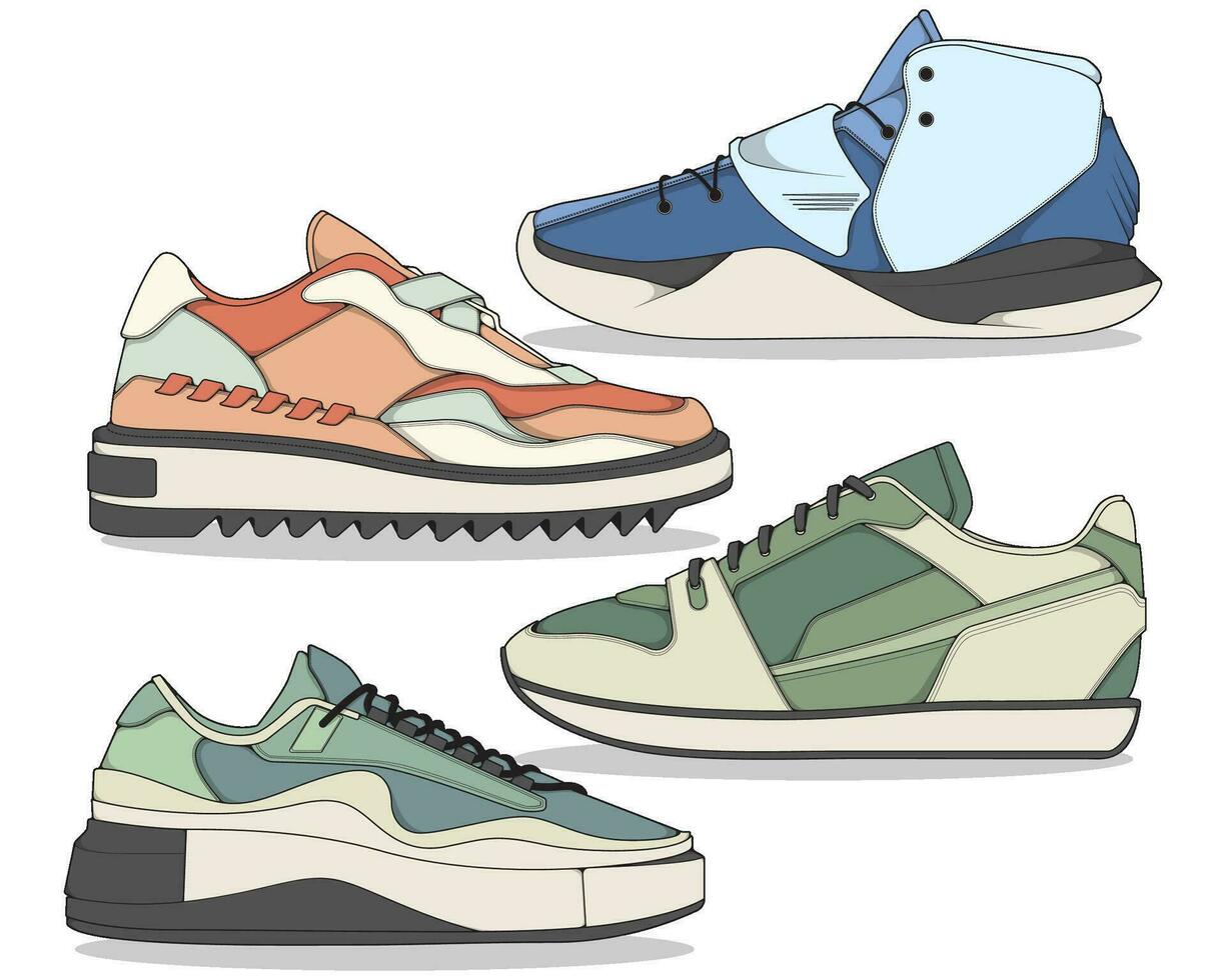 conjunto de Zapatos zapatilla de deporte dibujo vector, zapatillas dibujado en un bosquejo estilo, empaquetar zapatillas entrenadores plantilla, vector ilustración.