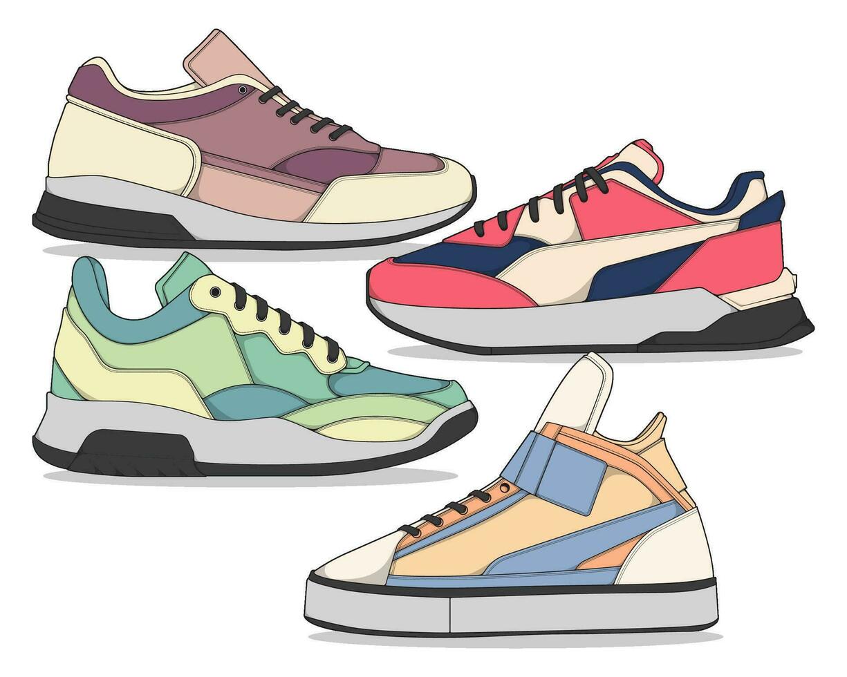 Set of sneakers illustration in colorful drawings, sneakers vector line art isolated, bundling shoe illustration template.