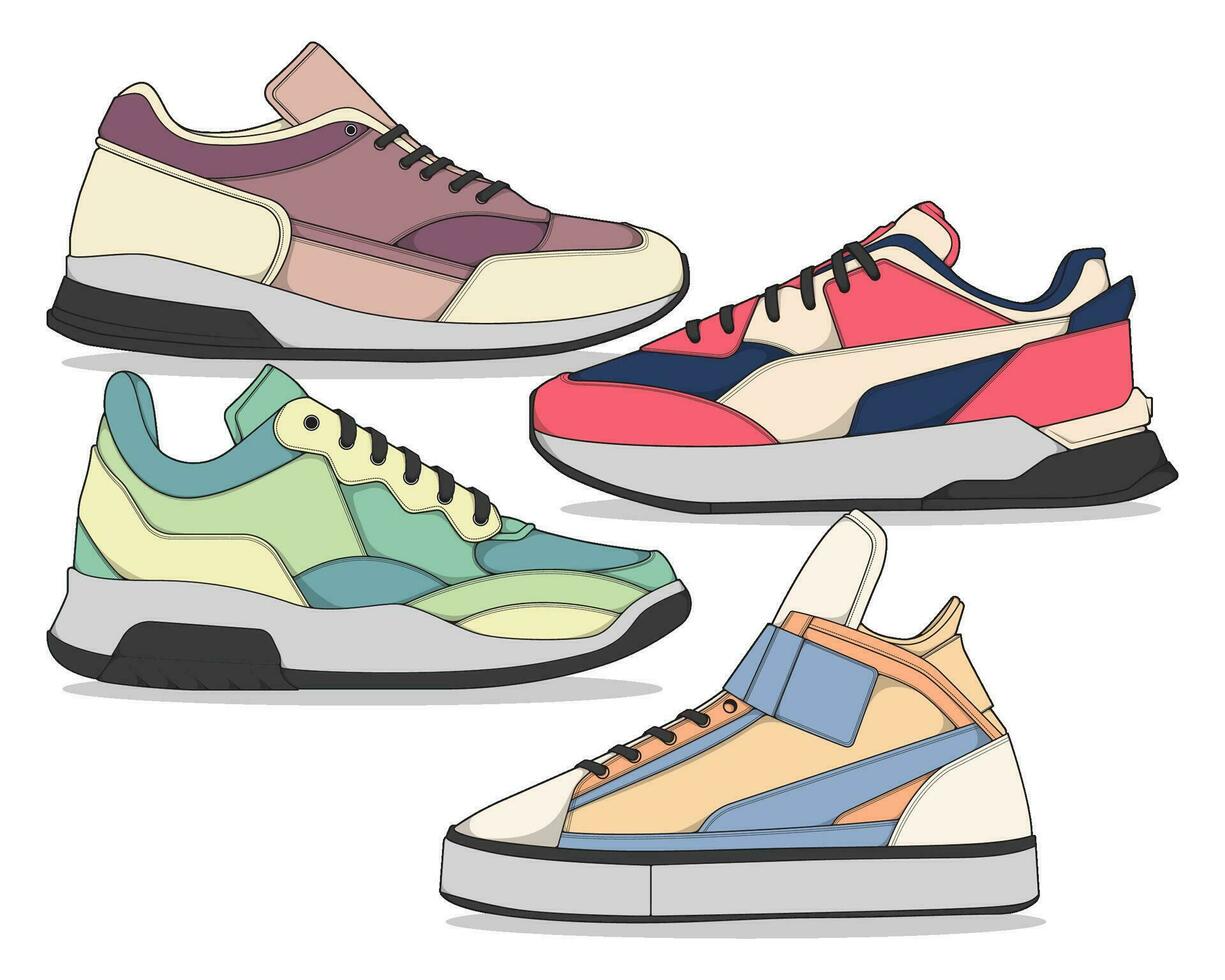 conjunto de zapatillas ilustración en vistoso dibujos, zapatillas vector línea Arte aislado, empaquetar zapato ilustración modelo.