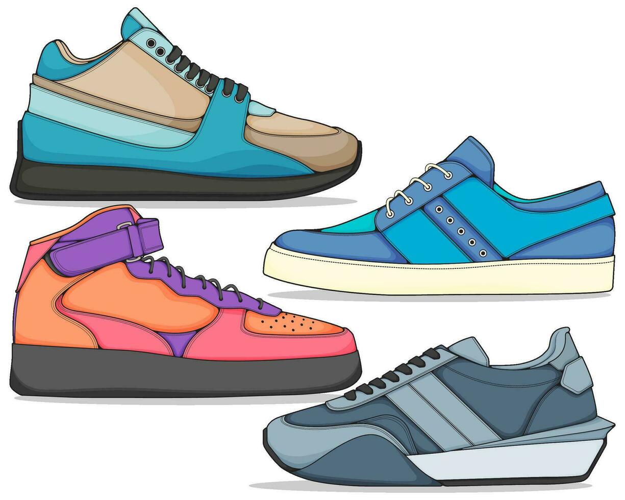 conjunto de zapatillas ilustración en vistoso dibujos, zapatillas vector línea Arte aislado, empaquetar zapato ilustración modelo.