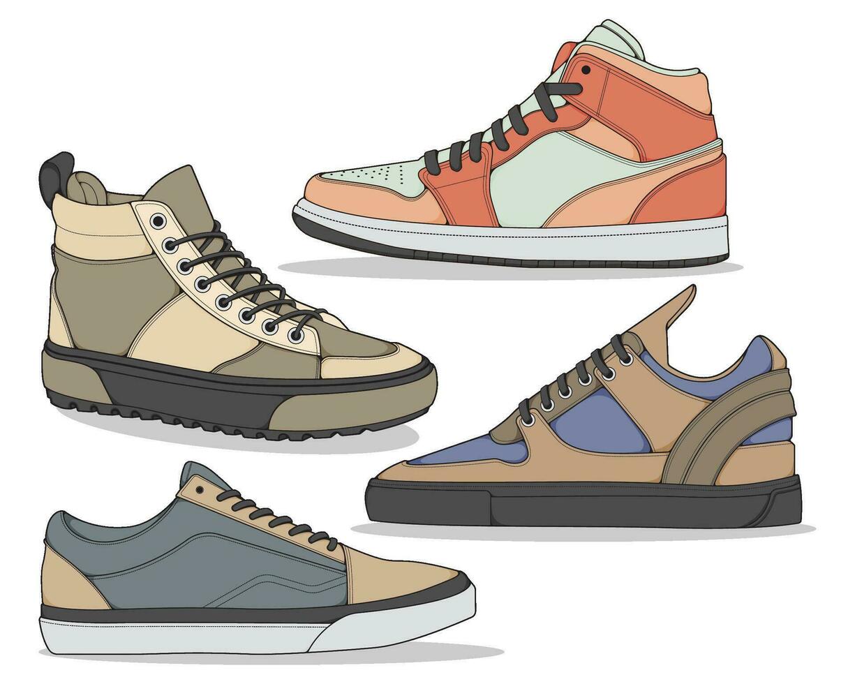 Set of sneakers illustration in colorful drawings, sneakers vector line art isolated, bundling shoe illustration template.