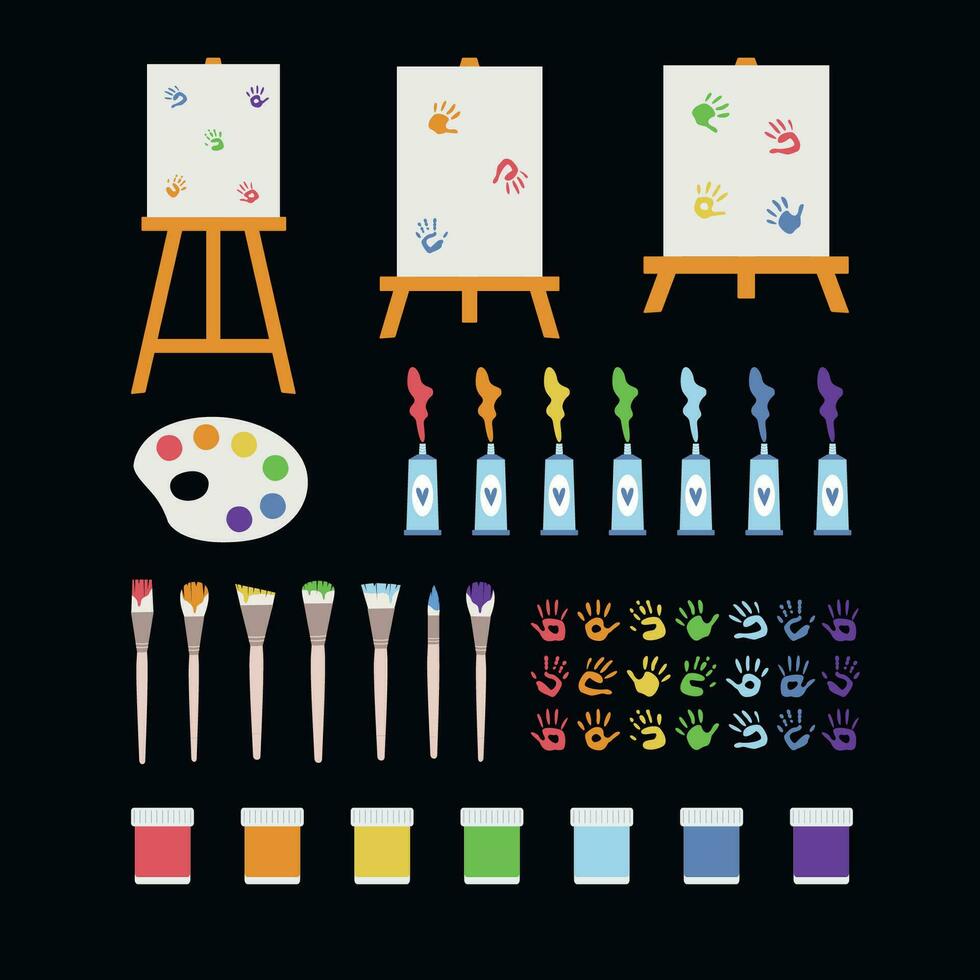 Flat vector painting tools in childish style. Hand drawn art supplies, paint brush, palm, gouache, acrylic, easel, palette