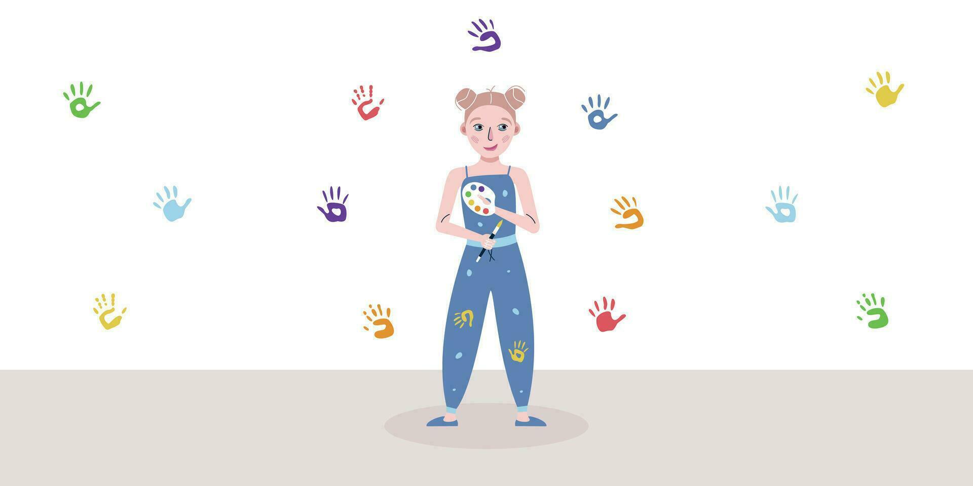 Flat vector painting tools in childish style. Hand drawn palm prints, fingers stamp