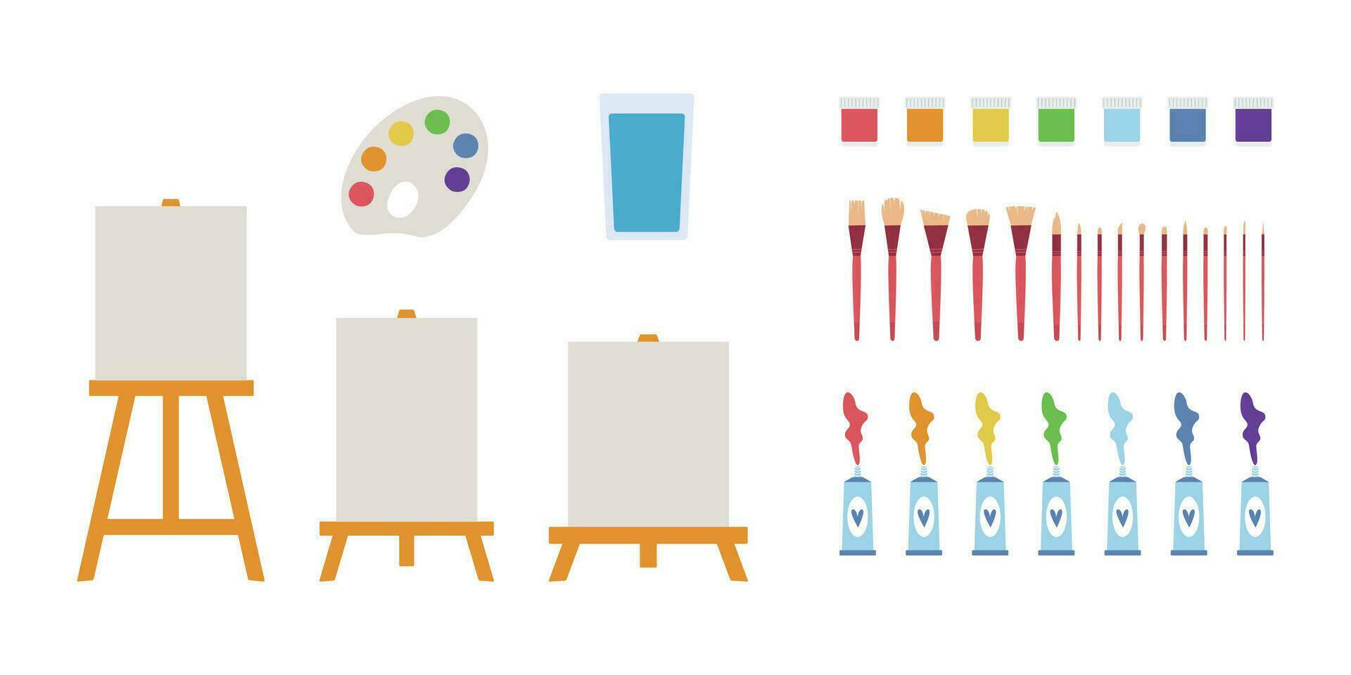 Flat vector painting tools in childish style. Hand drawn art supplies, paint brush, palm, gouache, acrylic, easel, palette