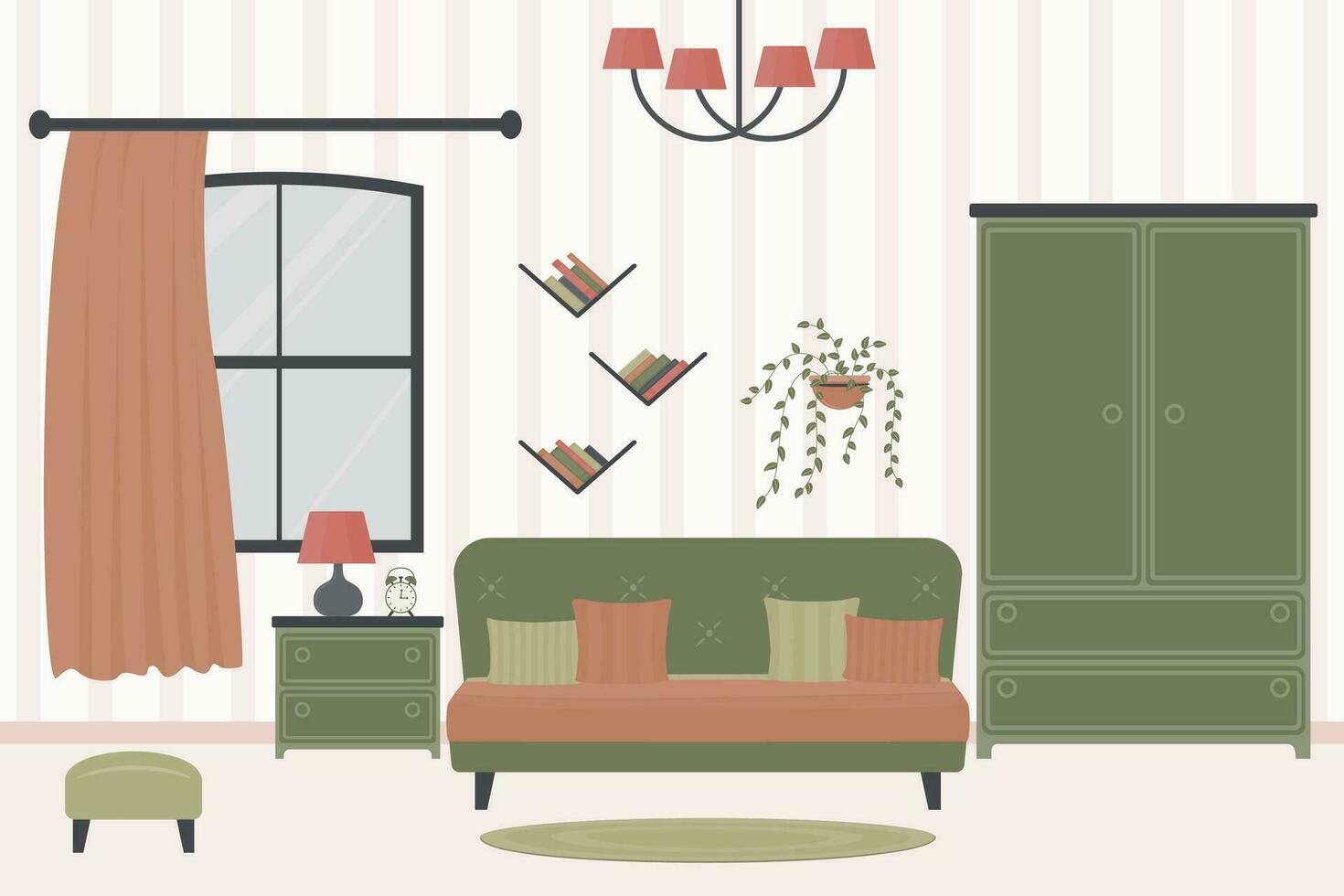 dormitorio interior diseño con mueble. doble cama con almohadas, cabecera mesa, armario, ventana con cortinas, mesa lámpara, candelabro, alarma reloj, estantería, interior plantas. vector