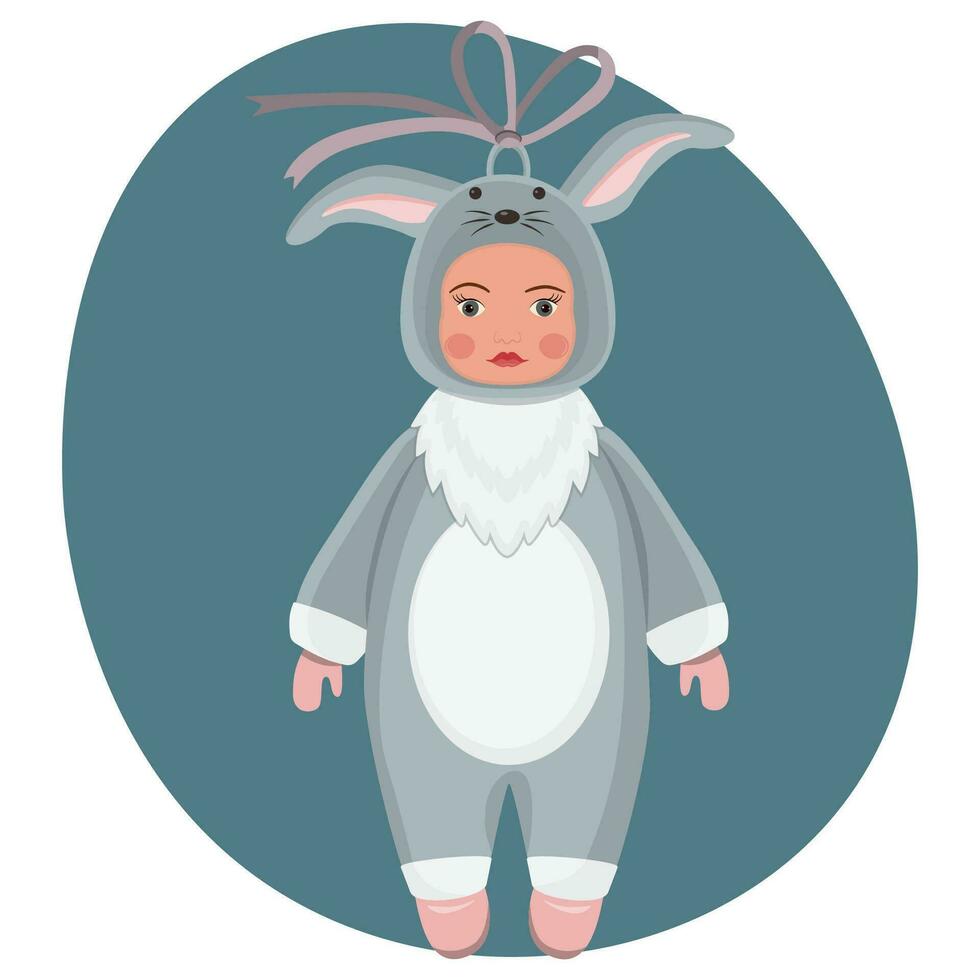 Christmas toy a child in a bunny costume. Christmas tree decoration in retro style. The concept of winter holidays and celebrations. Vector illustration.