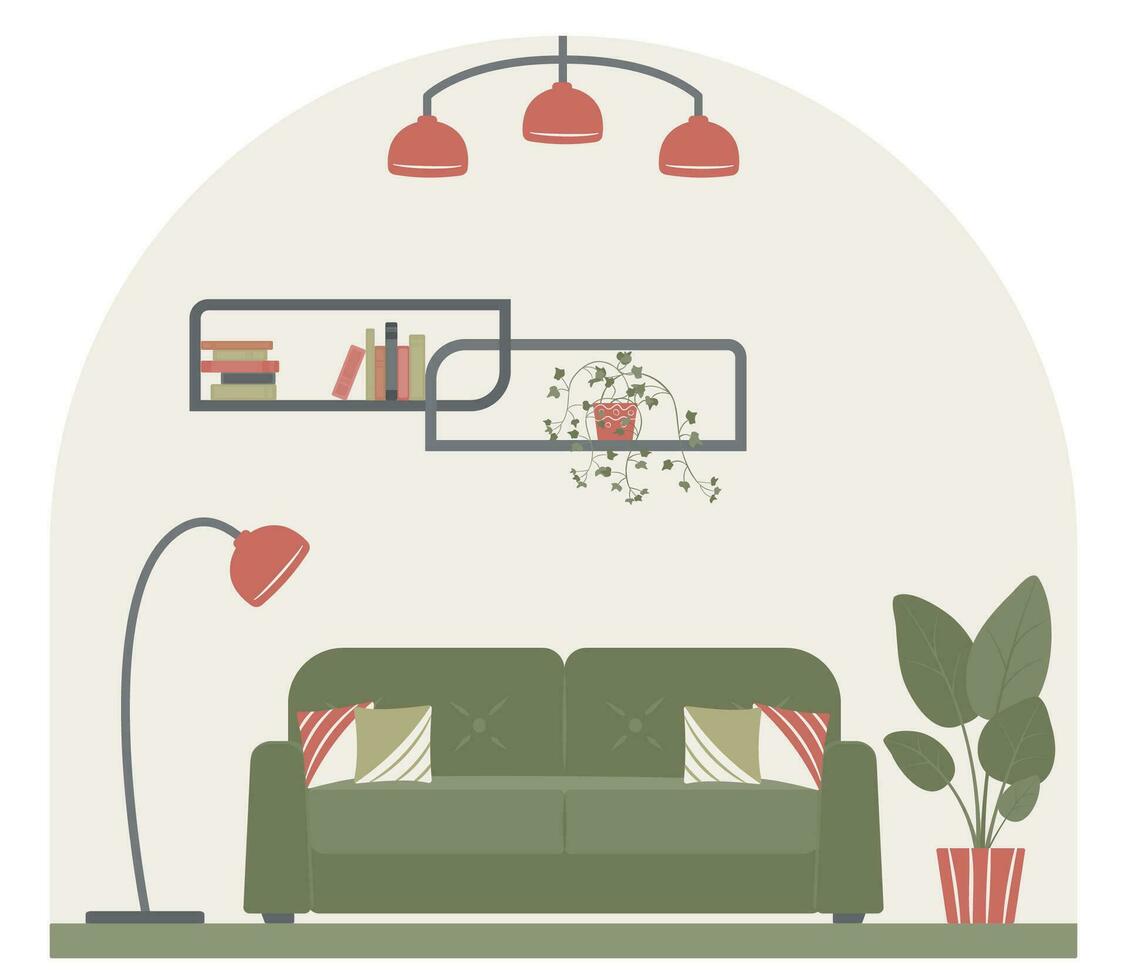 Interior design of the living room with furniture sofa with pillows, shelf with books, indoor plants, floor lamp, chandelier. Vector illustration. Flat style.