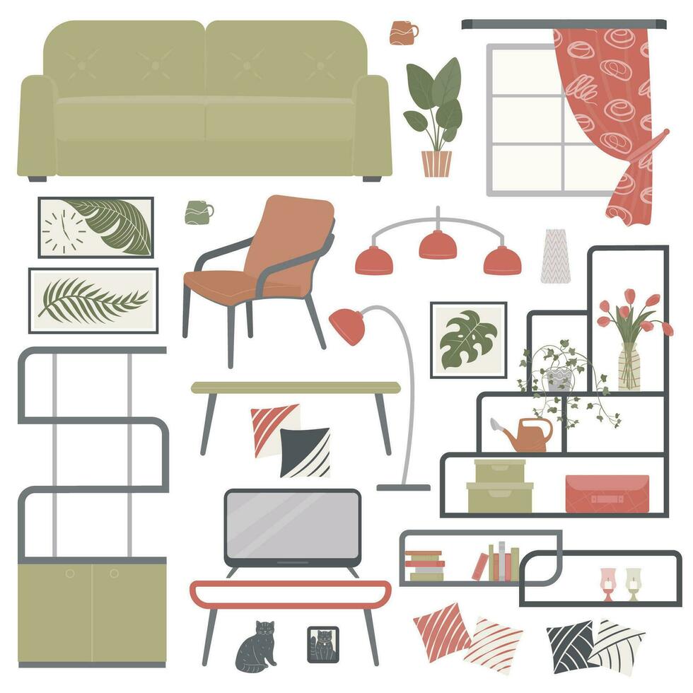 Set of elements for interior design of a living room with furniture a sofa with pillows, shelves, paintings, a coffee table, indoor plants, a watering can, flowers in a vase, storage boxes, clock. vector