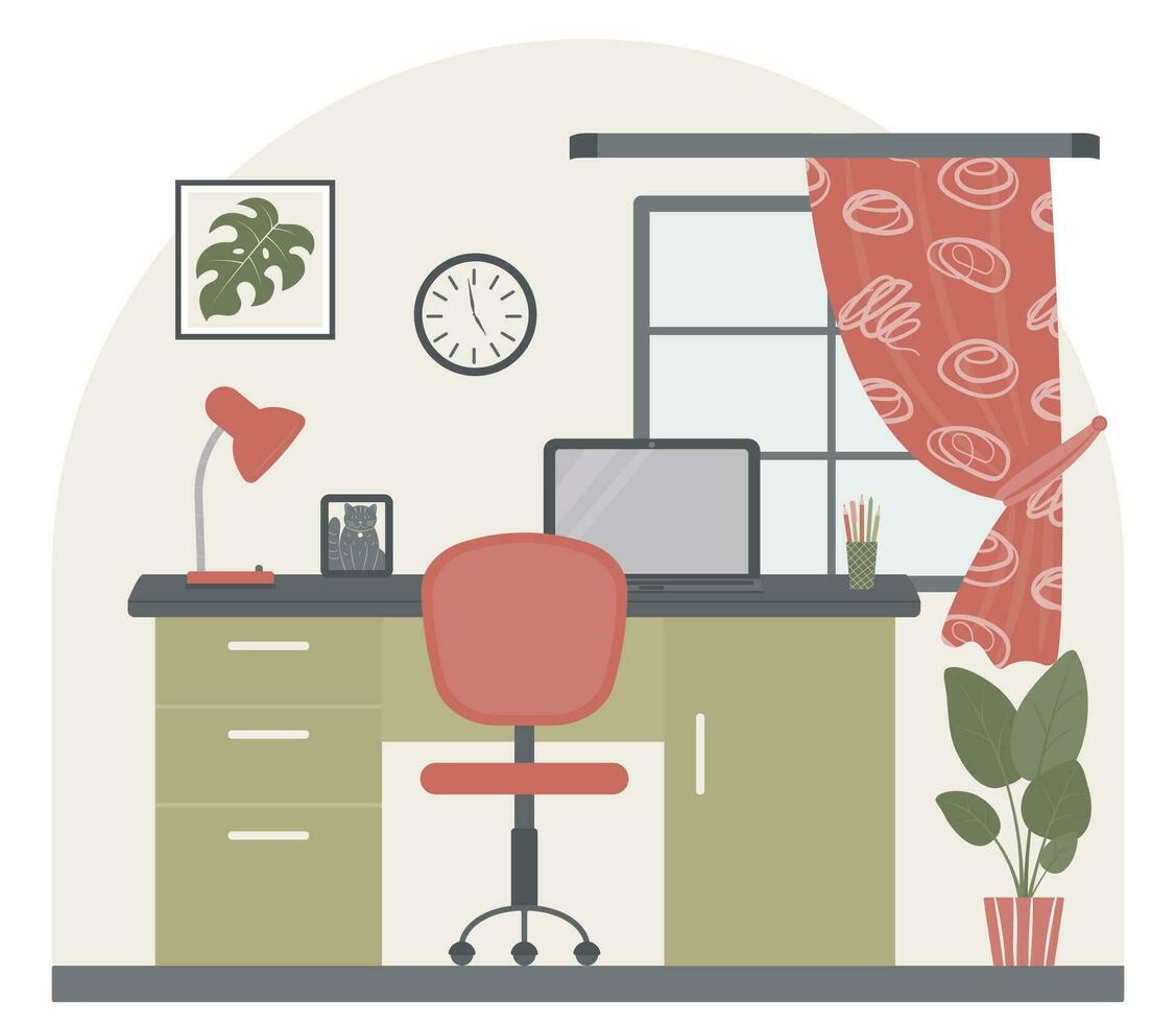 Interior design of a room with furniture a desk, a computer chair, a picture on the wall, indoor plants, a wall clock, a window with curtains, a table lamp. Workplace. vector