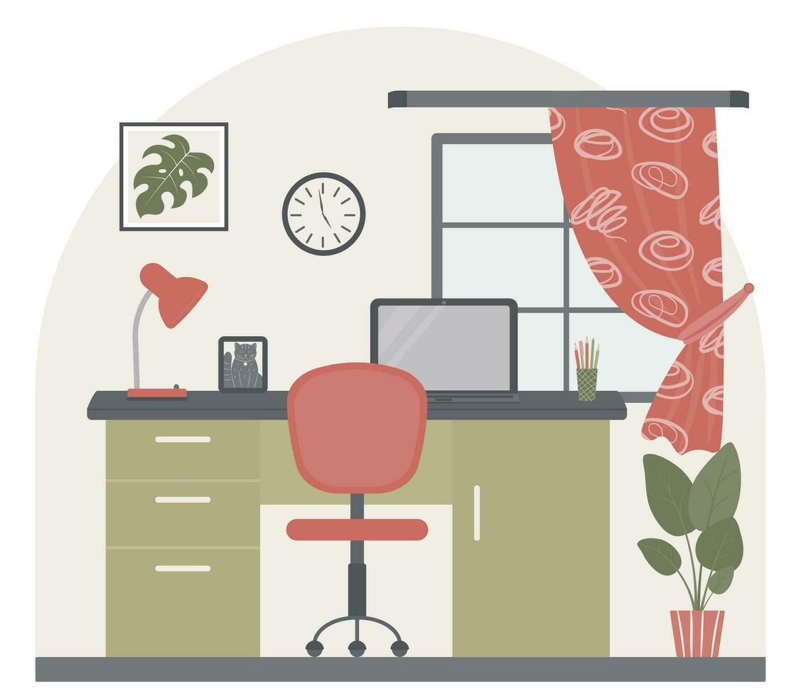 interior diseño de un habitación con mueble un escritorio, un computadora silla, un imagen en el muro, interior plantas, un pared reloj, un ventana con cortinas, un mesa lámpara. lugar de trabajo. vector