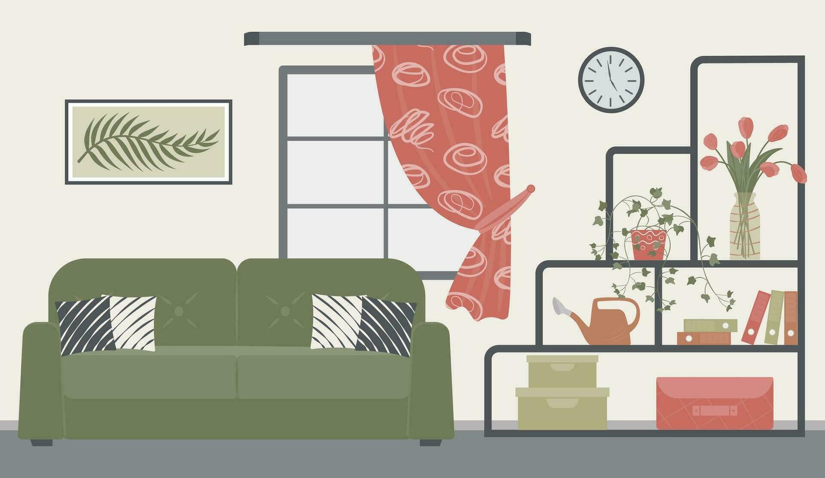 interior diseño de el vivo habitación con mueble sofá con almohadas, estantes, pintura en el muro, interior plantas, riego poder, Fresco flores en un vaso florero, almacenamiento cajas, carpetas, pared reloj. vector