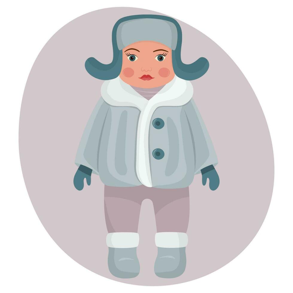 A doll in a warm fur coat, a hat with earflaps and felt boots. A retro-style toy. A little boy in winter clothes. Vector illustration.
