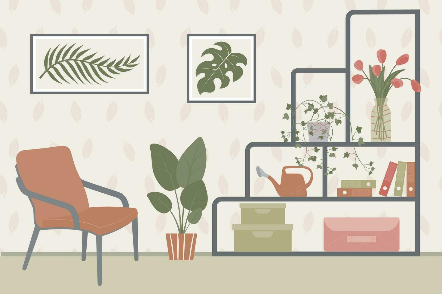 Interior design of the living room with furniture armchair, shelves, paintings, indoor plants, watering can, fresh flowers in a glass vase, storage boxes, folders. Vector illustration. Flat style.